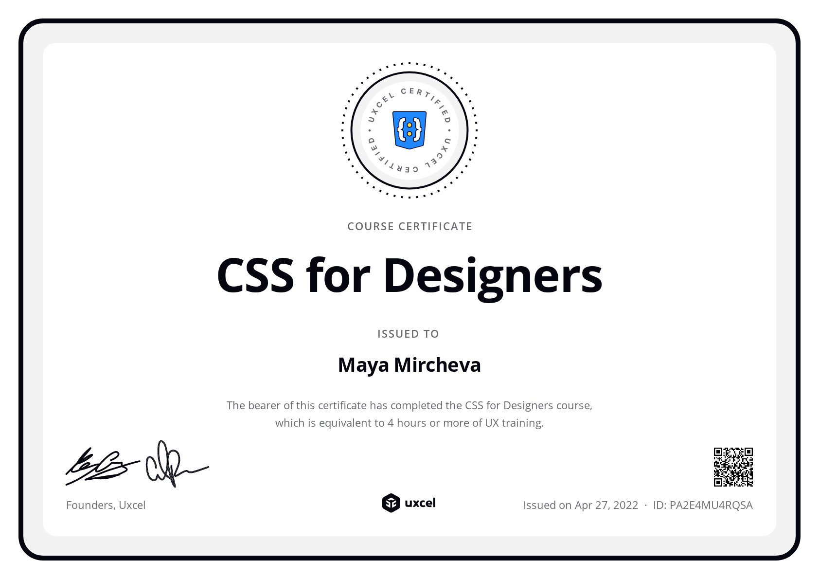 Maya Mircheva's certificate